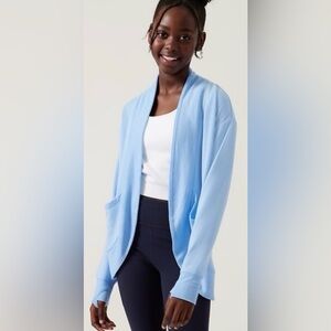 Athleta Girl Wrap 'N Roll Sweatshirt Cardigan Pockets Blue Soft Cozy Strech
